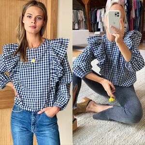 Emerson Fry Filipa Checkered Blouse Indigo Gingham Sz XS Cottage